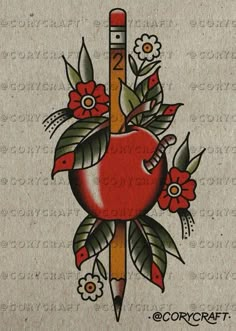 an apple and pencil tattoo design on a piece of paper that says, i love you