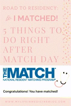 a pink poster with the words congratulations you have matched and i watched 5 things to do right after match day