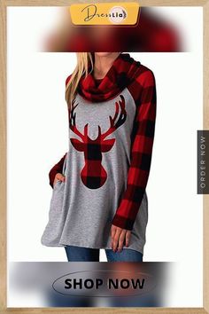 Christmas Fall Winter Plaid Long Sleeve Deer Head Print Blouse T-shirt Tops Elk Head, White Oversized Sweater, Winter Plaid, Cowl Neck Sweatshirt, Winter Pullover, Oversized Knitted Sweaters, Long Pullover, Deer Head, Fashion T Shirt