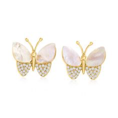 Ross-Simons - Mother-Of-Pearl, .60ct t. w. Cubic Zirconia Butterfly Earrings Over Sterling. If you love butterflies, you'll have a special place in your heart for these earrings. The delicate creatures boast wings of 11x8mm carved mother-of-pearl and .60 ct. t. w. round brilliant-cut CZs. Crafted in 18kt yellow gold over sterling silver. Post/clutch, CZ and mother-of-pearl butterfly earrings. CZ weights are diamond equivalents. Pearl birthstones are the perfect gift for June birthdays. Love Butterflies, Pearl Birthstone, Pearl Butterfly, Dolce And Gabbana Blue, Fine Jewelery, Van Cleef, Butterfly Earrings, Blue Lace, Round Brilliant