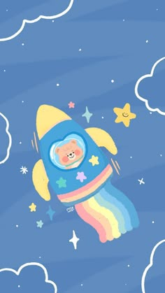 an illustration of a teddy bear in a rocket ship with stars and clouds around it