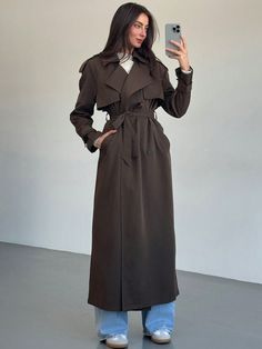 New Windproof, Warm Coffee Color Multi-Purpose Extra Long Tie Waist Double-Breasted Decor English Style Lapel Brown Trench Coat Coffee Brown Elegant  Long Sleeve Woven Fabric Plain Regular Non-Stretch  Women Clothing, size features are:Bust: ,Length: ,Sleeve Length: Brown Trench Coat Outfit Women, Dark Brown Trench Coat Outfit, Long Coat Aesthetic, Trench Coat Outfit Women, Waist Coat Outfit, Brown Long Coat Outfit, Overcoat Outfit Women, Dark Brown Trench Coat, Brown Trench Coat Outfit