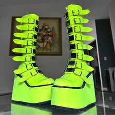 Brand New No Box Pristine Condition Only Been Tried On No Creasing No Scuffs No Stains Women’s 8 Eu 38 Color Platform Boots, Lime Green Boots, Neon Punk Fashion, Crystal Outfit, Neon Green Shoes, Shoes Demonia, Neon Goth, Dinosaur Shoes, Rave Shoes