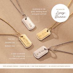 A new spin on our best-selling Mini Dog Tag necklace. The same necklace you know and love, but with pavé-set stones and rounded edges. Whether it’s a special date or initials, engrave them with the details that matter most. Best part? Keep adding tags when you like! charm only option to engrave 1-3 rows, lowercase only to engrave a heart, copy and paste this icon ♥ into the text box dog tag measures 16.4mm x 9mm diamonds are .9mm also available in gold vermeil and sterling silver﻿ back engraving not available Heart Copy And Paste, Wife Gift Guide, Tiny Tags, Mini Dog, Mini Dogs, Remembrance Gifts, Text Box, Circle Pendant, Chain Choker