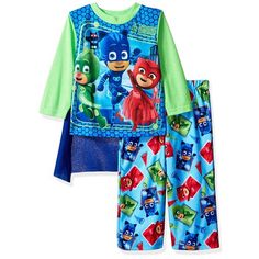 Your little boy will feel just like a hero in this awesome PJ Masks pajamas set! This sleepwear set includes a long sleeve top with matching blue multicolor pajama pants. These pajamas feature sublimated graphics of Disney Junior's PJ Masks characters: Owlette, Gekko, and Catboy! The pajama shirt includes a matching cape that attaches by hook and loop.It's the perfect sleepwear choice for any fan of PJ Masks! This garment is made from flame resistant fabric for you child's safety. Size: 5T.  Col Long Sleeve Pajamas, Character Clothing, Flannel Pants, Long Sleeve And Shorts, Polyester Pants, Cute Pajamas, Matching Pajamas, Sleepwear Sets, Boys Pajamas