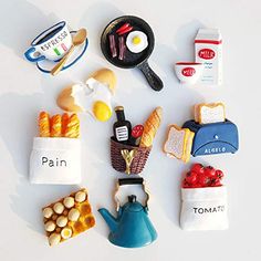 PRICES MAY VARY. ⚡Style: milk, broken egg, bag bread, bag tomato, bread machine, coffee cup, pan, champagne ham bread, blue kettle, row of eggs ⚡Material: Made of resin and magnet. Tasteless, non-toxic, no peculiar smell.A great gift match for your child, loved ones, friends family and neighbors. ⚡The magnet is designed on the back of the product and has strong magnetic properties. It is suitable for refrigerator doors, security doors or places with iron. ⚡Perfect to pin notes, recipe, artwork o Egg Pan, Broken Egg, Food Shapes, Clay Magnets, Refrigerator Sticker, Clay Crafts Air Dry, Stickers Cute, Magnet Set, Craft Night