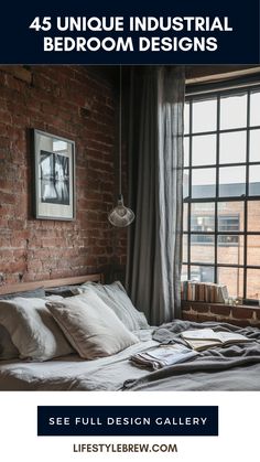 Featuring 45 unique industrial bedroom designs that showcase stylish decor with exposed materials. One image highlighting trendy elements like brick walls and metal furnishings adds modern charm. Unique Shelving, Industrial Bedroom Design, Chic Lighting, Unique Shelves, Metal Bed Frame