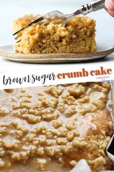 two pictures of brown sugar crumb cake and one has a fork stuck in it