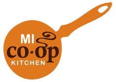 the logo for mi co - op kitchen is orange and has an image of a frying pan on it