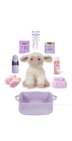 a stuffed sheep sitting next to some skin care products on a white background with pink and purple accents