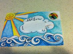 a drawing of a cloud and sun with the words elvinia on it in white writing