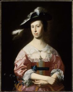 a painting of a woman in a pink dress and black hat with feathers on her head