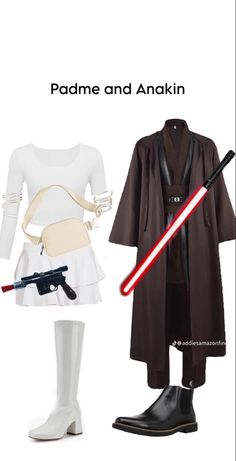 two different costumes are shown, one with a light saber and the other with a star wars costume