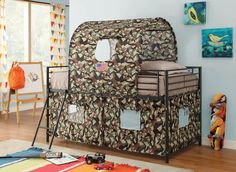 a child's bunk bed with a tent on top