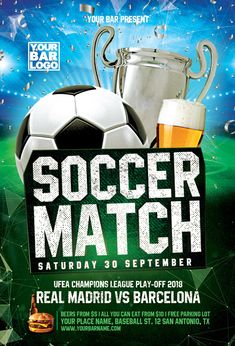 a soccer match flyer with two cups and a ball