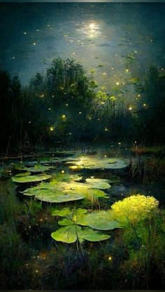 a pond with lily pads and fireflies floating in the water