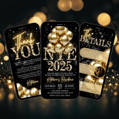 two black and gold new year's eve party cards with golden balls on them