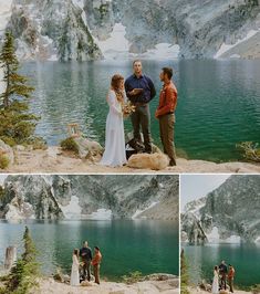 a couple getting married at the top of a mountain with lake and mountains in the background