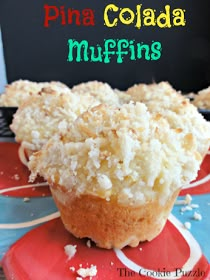 a close up of a muffin on a plate with the words pina colada muffins