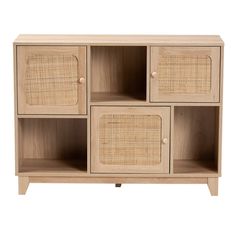 a wooden cabinet with wicker doors and drawers