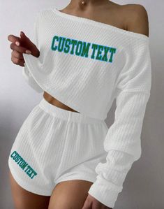 Super cute trendy set!  Comes with shorts and a sweater with your customized text!! So comfy <3 (We will customize it with your school, team, camp name in your school colors.) Bed Party, Waffle Long Sleeve, Womens Pajama, Set Game, Long Sleeve And Shorts, School Team, Womens Pyjama Sets, Pajama Robe, Team Apparel