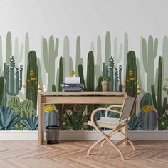 a desk and chair in front of a cactus wall mural