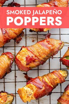 bacon wrapped jalapeno poppers on a cooling rack with the title overlay