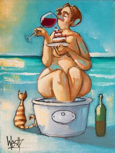 a painting of a woman sitting on a bucket with a glass of wine