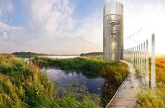 an artist's rendering of a wooden walkway leading to a tower on the water