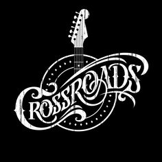 the logo for crossroads music festival, which features an acoustic guitar and lettering in white on black