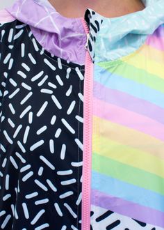 The Concept part of the SOPHOMORIC collection, this new windbreaker is a real show stopper. featuring bold bright rainbow stripes, memphis group inspired prints, grids, stripes, and everything nice...all pastel/bright color enthusiasts as well as lovers of bright alternative fashions like fairy kei or decora are sure to love this windbreaker! Details this windbreaker is made out of a soft, slick polyester that lightly repels water and adds an extra light layer of warmth for breezy fall and sprin Clown Husbandry, Kidcore Fashion, Queen Clothes, Cow Print Dress, Grabby Hands, Memphis Group, Rainbow Choker, Random Products, Fancy Clothes