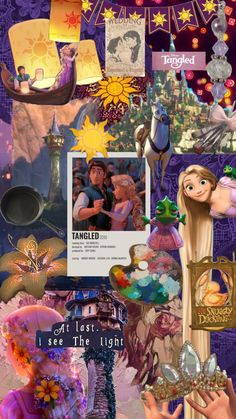 the collage has many different pictures and words on it, including images from disney's animated movies