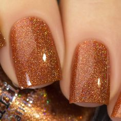 Firefly Copper Pearl Holographic Nail Polish | Maniology Copper Nails Designs, Pet Poems, Short Fall Nails, Lemon Nails, Orange Nail Polish, Orange Nail, Rainbow Holographic, Nails Sparkle