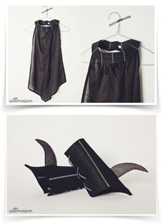 two pictures showing different types of clothing hanging on clothes hangers, one with black fabric and the other white material