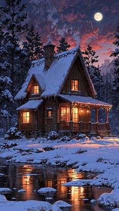 a painting of a cabin in the snow at night