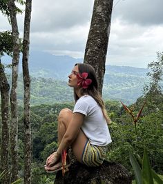 a woman sitting on top of a tree in the forest