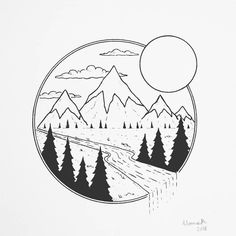 a black and white drawing of mountains with trees