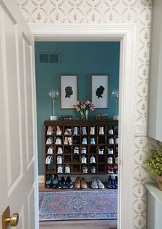 there is a shoe rack in the hallway