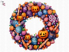 the letter o is made up of candy, candies, and pumpkins for halloween