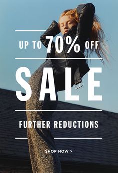 a woman in grey pants and black jacket with the words up to 70 % off sale