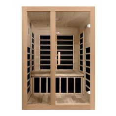 an empty sauna with two doors open