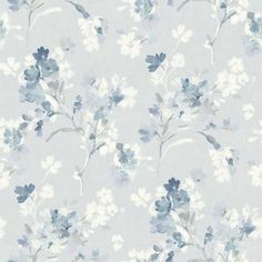 a blue and white floral wallpaper with small flowers on the side, in shades of gray