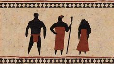 an ancient painting depicting two men and a woman with spears, standing next to each other