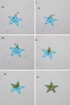 four pictures of star shaped objects on white fabric with gold and blue glitters in the middle