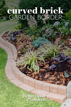 a garden border is shown with flowers and plants in the center, surrounded by brick edging