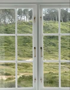 two open windows in a white room with grass and trees outside the window panes