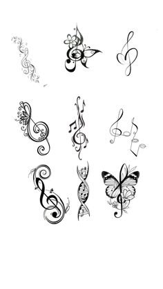 some music notes and butterflies are drawn in black ink on a white sheet with the word music