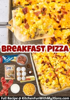 this breakfast pizza is ready to be eaten with bacon and cheese on it, along with other ingredients