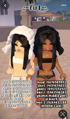 two dolls are standing next to each other on the beach, one is wearing a white hat