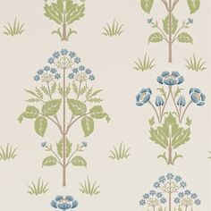 a wallpaper with blue flowers and green leaves on the side, in various colors